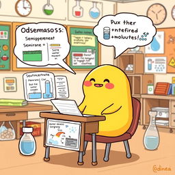 A creative and educational illustration featuring Gudetama, the lazy egg character, humorously explaining osmosis