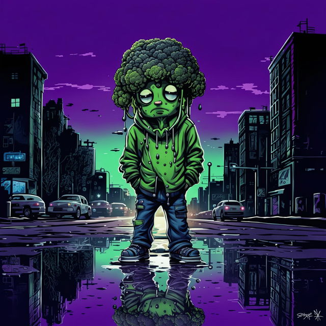 A melancholic personified broccoli dressed in streetwear stands in an urban landscape at twilight. The album title 'Broccoli Trap' is written in bold letters at the top.