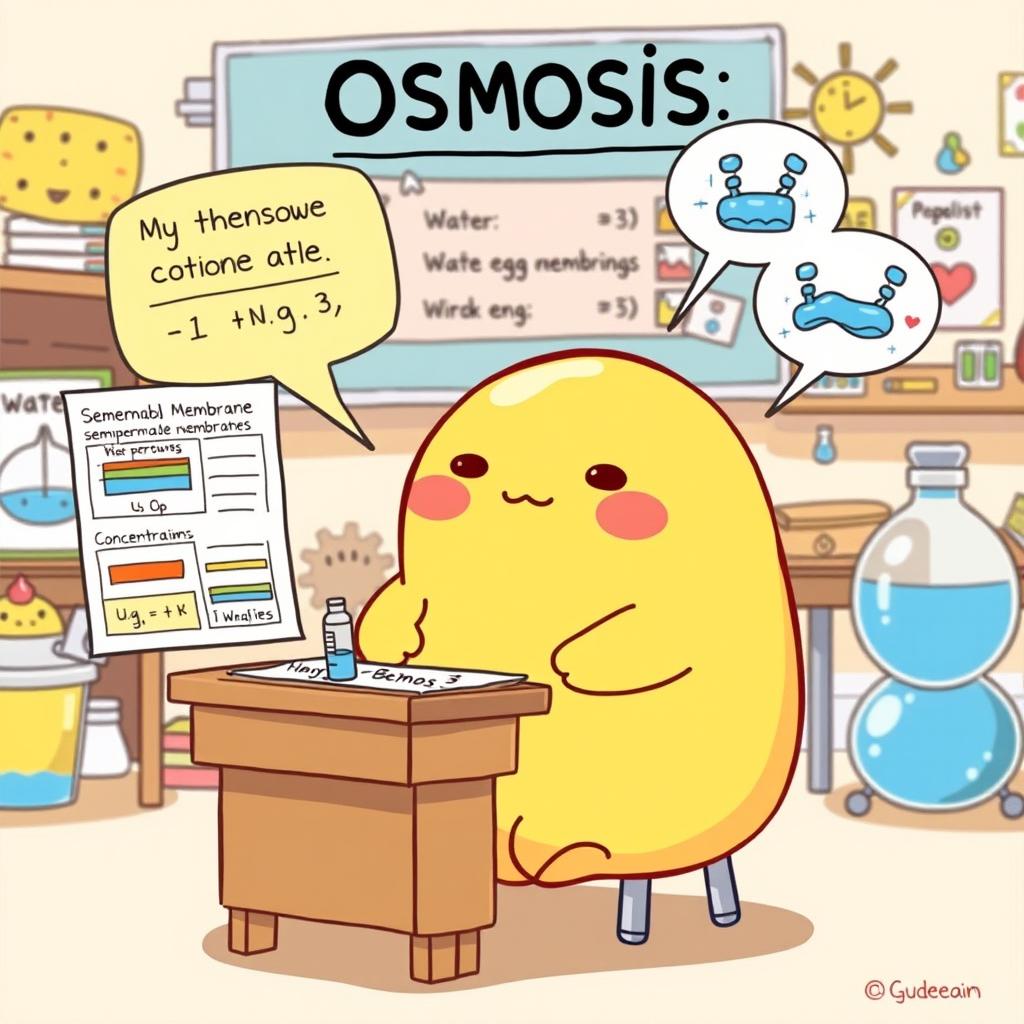 A creative and educational illustration featuring Gudetama, the lazy egg character, humorously explaining osmosis