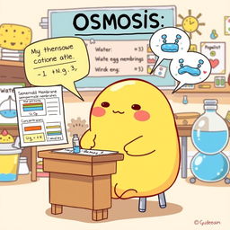 A creative and educational illustration featuring Gudetama, the lazy egg character, humorously explaining osmosis