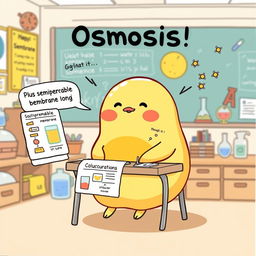 A creative and educational illustration featuring Gudetama, the lazy egg character, humorously explaining osmosis