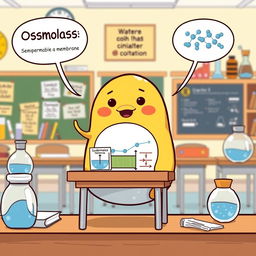 A creative and educational illustration featuring Gudetama, the lazy egg character, humorously explaining osmosis