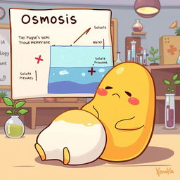 A whimsical and humorous illustration featuring Gudetama, the lazy egg character, sitting beside a visual representation of osmosis