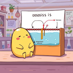 A whimsical and humorous illustration featuring Gudetama, the lazy egg character, sitting beside a visual representation of osmosis