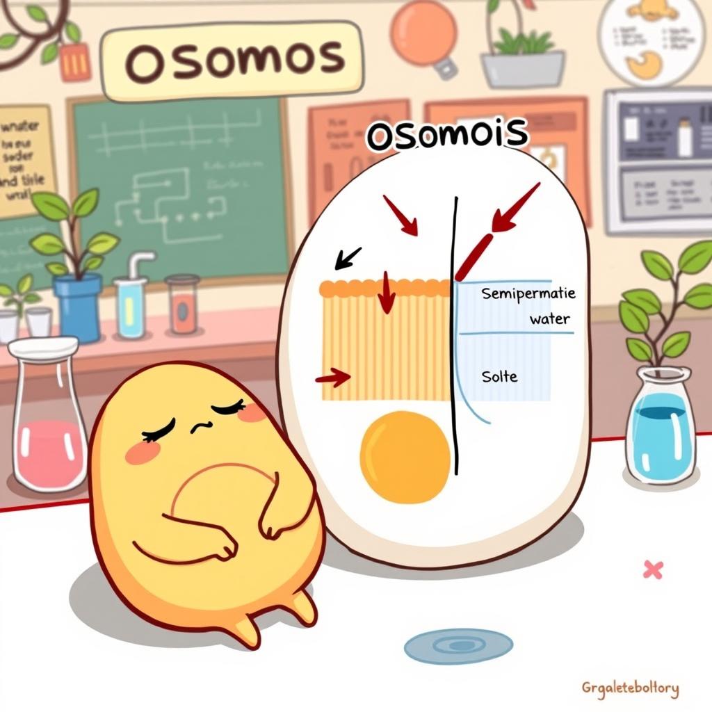 A whimsical and humorous illustration featuring Gudetama, the lazy egg character, sitting beside a visual representation of osmosis