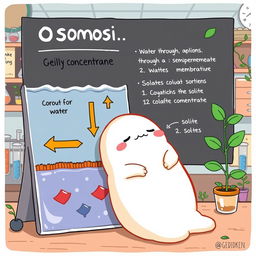 A whimsical and humorous illustration featuring Gudetama, the lazy egg character, sitting beside a visual representation of osmosis