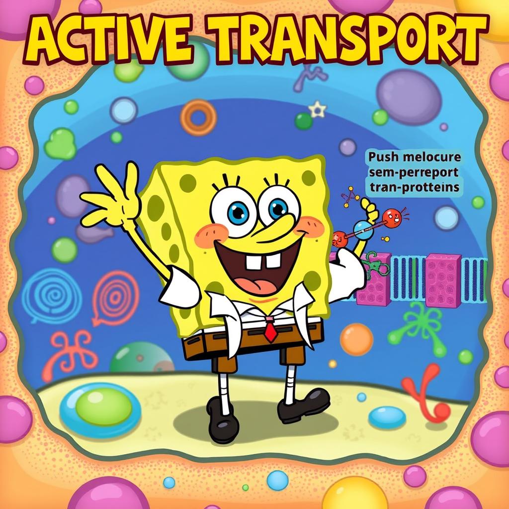 A vibrant and educational illustration featuring SpongeBob SquarePants actively engaging in the process of active transport in a cell membrane