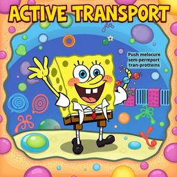 A vibrant and educational illustration featuring SpongeBob SquarePants actively engaging in the process of active transport in a cell membrane