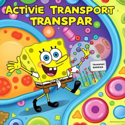 A vibrant and educational illustration featuring SpongeBob SquarePants actively engaging in the process of active transport in a cell membrane