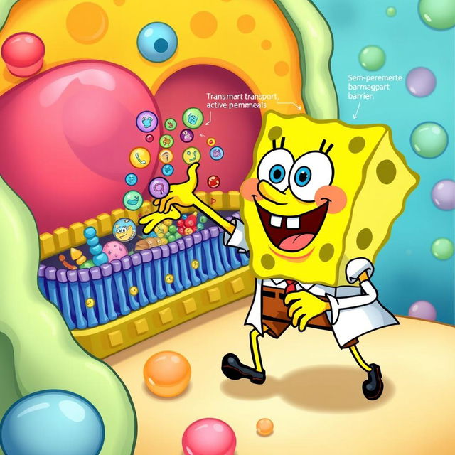 A vibrant and educational illustration featuring SpongeBob SquarePants actively engaging in the process of active transport in a cell membrane