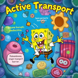 A vibrant and educational illustration featuring SpongeBob SquarePants actively engaging in the process of active transport in a cell membrane