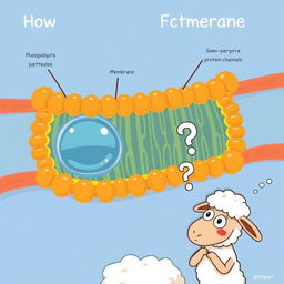 A whimsical illustration featuring a cell membrane with prominent structural details such as phospholipids and protein channels