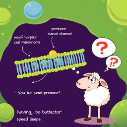 A whimsical illustration featuring a cell membrane with prominent structural details such as phospholipids and protein channels