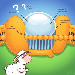 A whimsical illustration featuring a cell membrane with prominent structural details such as phospholipids and protein channels