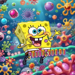 SpongeBob SquarePants humorously depicted as a cartoonish character engaging in active transport across a colorful cell membrane, surrounded by vibrant organelles like mitochondria, ribosomes, and endoplasmic reticulum