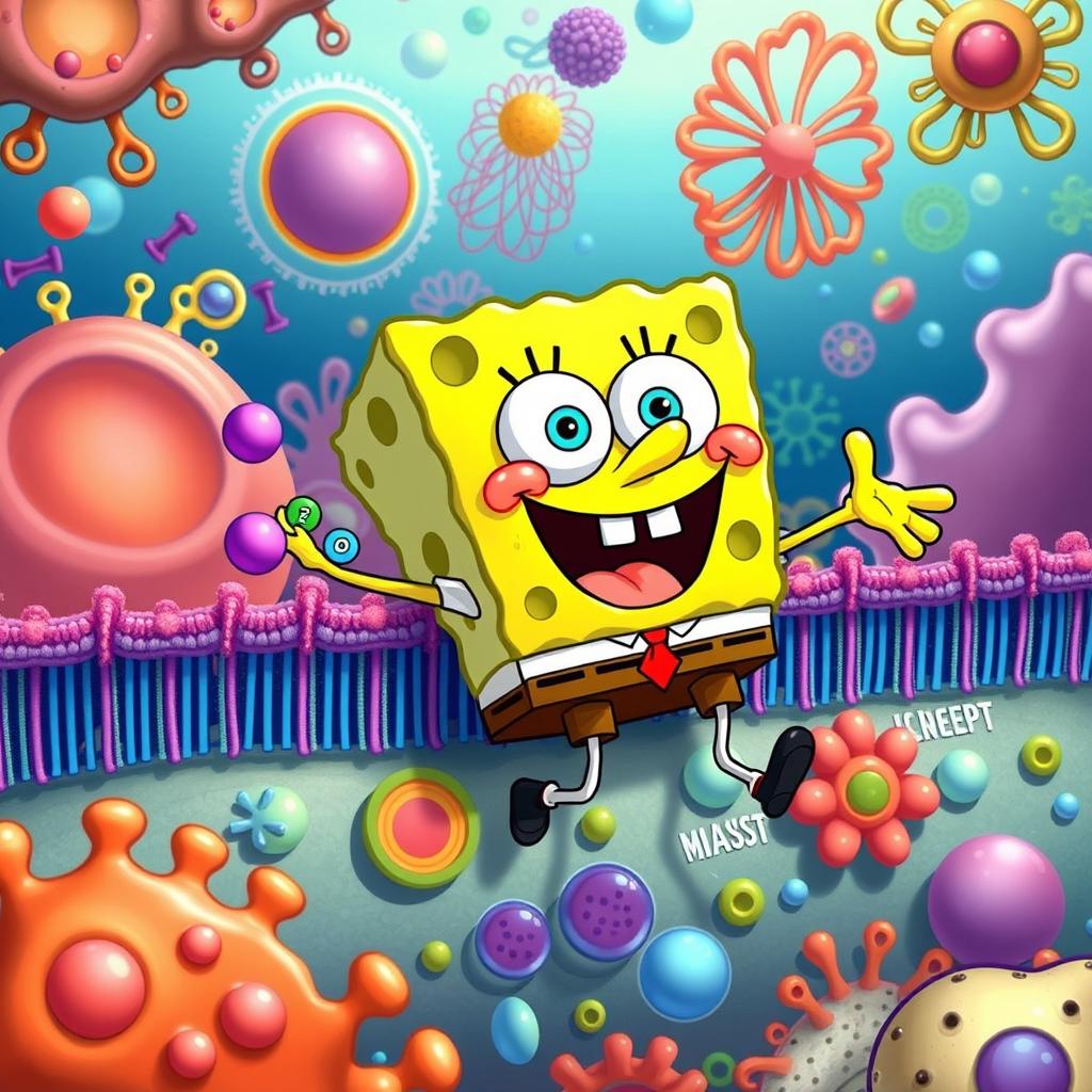 SpongeBob SquarePants humorously depicted as a cartoonish character engaging in active transport across a colorful cell membrane, surrounded by vibrant organelles like mitochondria, ribosomes, and endoplasmic reticulum