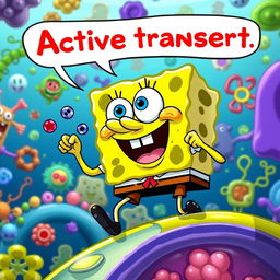 SpongeBob SquarePants humorously depicted as a cartoonish character engaging in active transport across a colorful cell membrane, surrounded by vibrant organelles like mitochondria, ribosomes, and endoplasmic reticulum