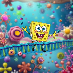 SpongeBob SquarePants humorously depicted as a cartoonish character engaging in active transport across a colorful cell membrane, surrounded by vibrant organelles like mitochondria, ribosomes, and endoplasmic reticulum