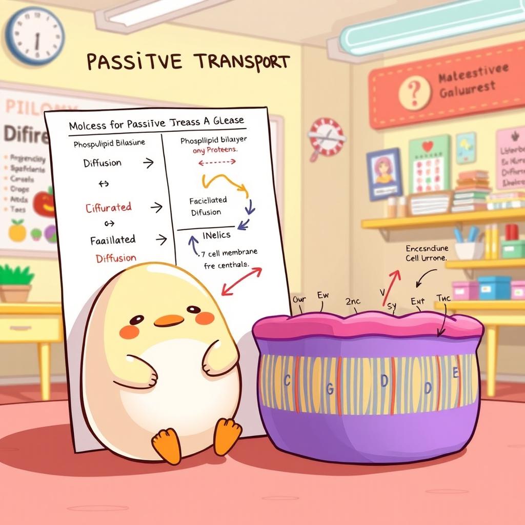 A whimsical illustration featuring Gudetama, the lazy egg character, sitting beside a detailed graphical representation of passive transport across a cell membrane