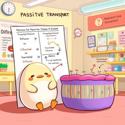 A whimsical illustration featuring Gudetama, the lazy egg character, sitting beside a detailed graphical representation of passive transport across a cell membrane