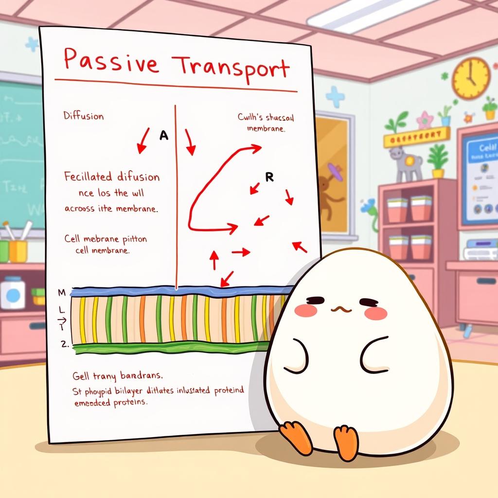 A whimsical illustration featuring Gudetama, the lazy egg character, sitting beside a detailed graphical representation of passive transport across a cell membrane