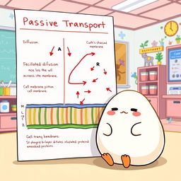 A whimsical illustration featuring Gudetama, the lazy egg character, sitting beside a detailed graphical representation of passive transport across a cell membrane