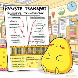 A whimsical illustration featuring Gudetama, the lazy egg character, sitting beside a detailed graphical representation of passive transport across a cell membrane