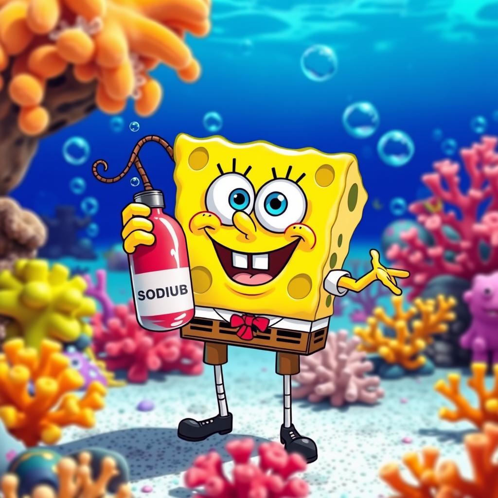 SpongeBob SquarePants character with a humorous twist, holding a cartoonish sodium-potassium bomb