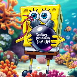 SpongeBob SquarePants character with a humorous twist, holding a cartoonish sodium-potassium bomb