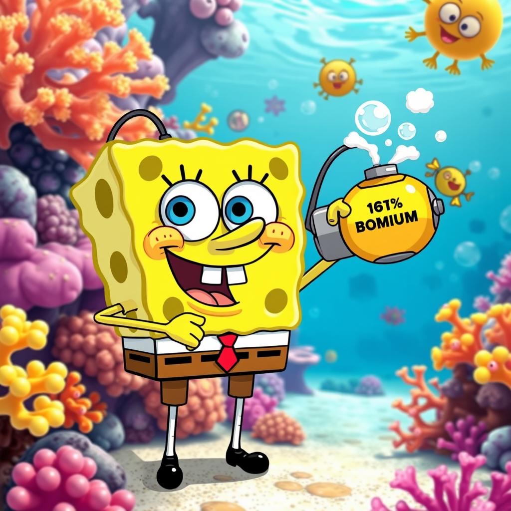 SpongeBob SquarePants character with a humorous twist, holding a cartoonish sodium-potassium bomb