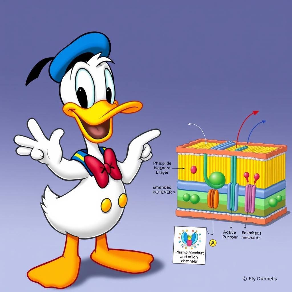 A cute and small Donald Duck enthusiastically demonstrating the structure of the plasma membrane and the active transport processes that occur within it