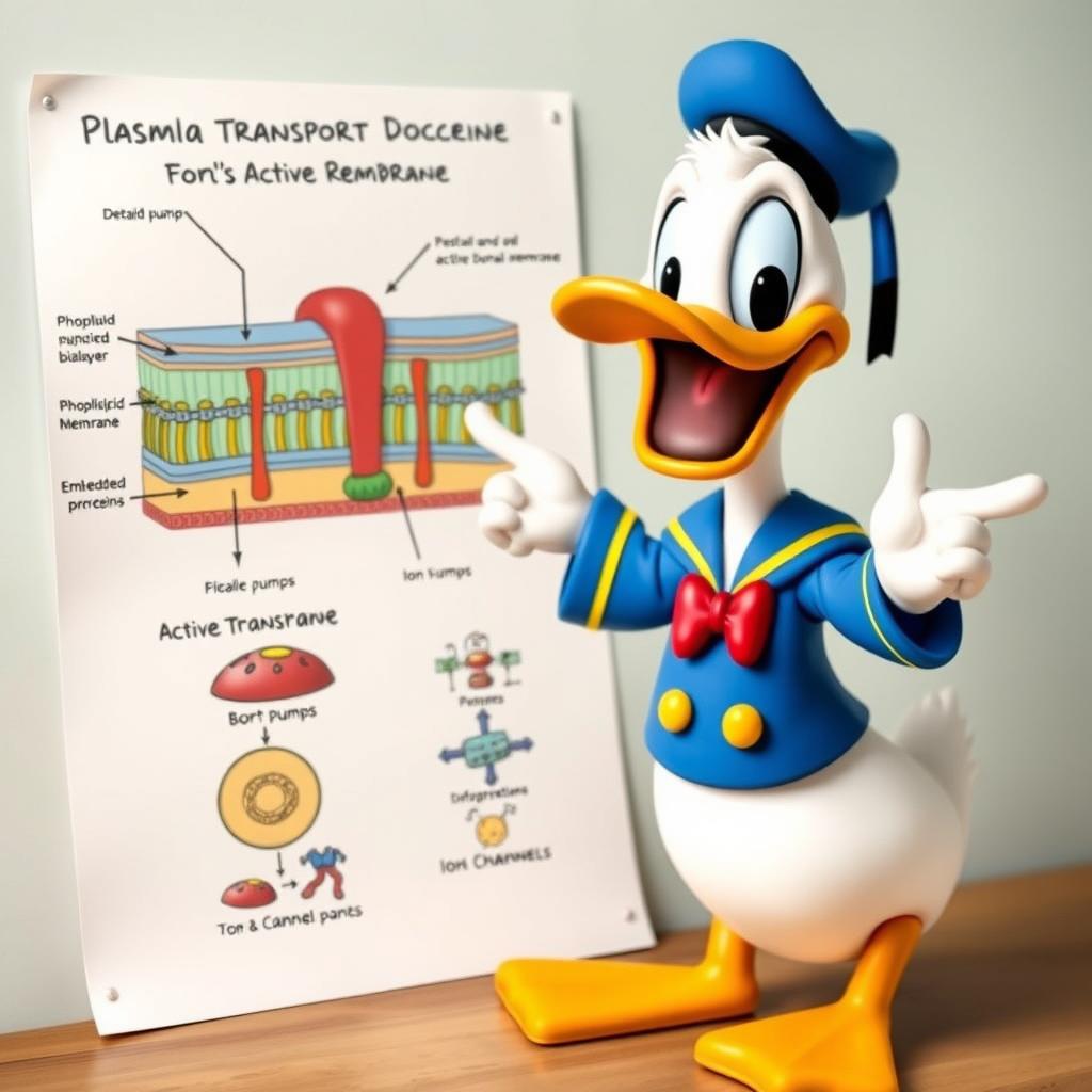 A cute and small Donald Duck enthusiastically demonstrating the structure of the plasma membrane and the active transport processes that occur within it