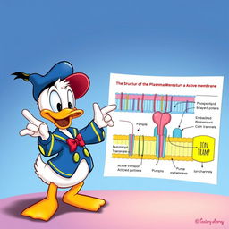 A cute and small Donald Duck enthusiastically demonstrating the structure of the plasma membrane and the active transport processes that occur within it