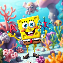 A playful and humorous scene featuring SpongeBob SquarePants holding an ATP (Adenosine Triphosphate) molecule, depicted as a colorful and whimsical 3D structure, surrounded by underwater elements like corals and bubbles