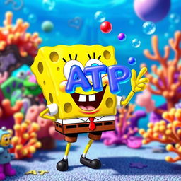 A playful and humorous scene featuring SpongeBob SquarePants holding an ATP (Adenosine Triphosphate) molecule, depicted as a colorful and whimsical 3D structure, surrounded by underwater elements like corals and bubbles