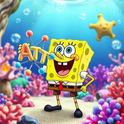 A playful and humorous scene featuring SpongeBob SquarePants holding an ATP (Adenosine Triphosphate) molecule, depicted as a colorful and whimsical 3D structure, surrounded by underwater elements like corals and bubbles