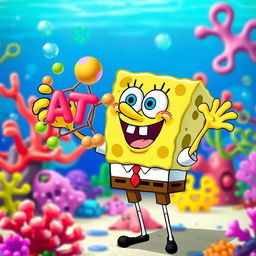 A playful and humorous scene featuring SpongeBob SquarePants holding an ATP (Adenosine Triphosphate) molecule, depicted as a colorful and whimsical 3D structure, surrounded by underwater elements like corals and bubbles