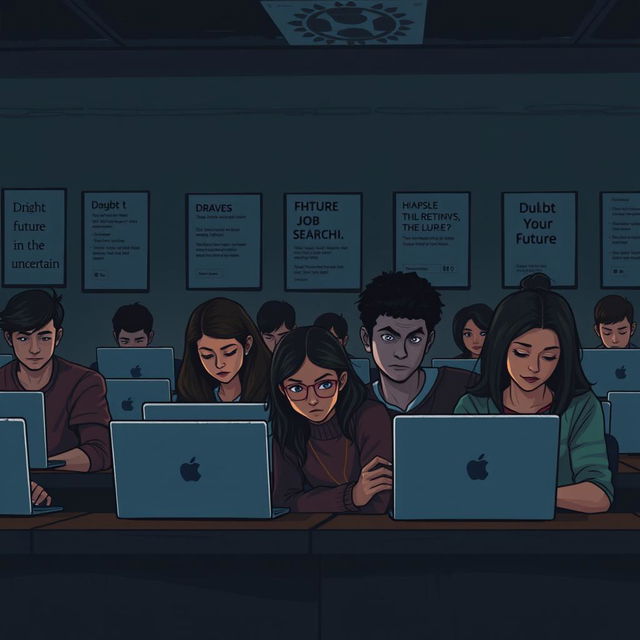 A visually striking digital illustration depicting a group of students sitting in a classroom with a dreary atmosphere