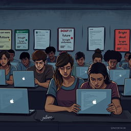 A visually striking digital illustration depicting a group of students sitting in a classroom with a dreary atmosphere