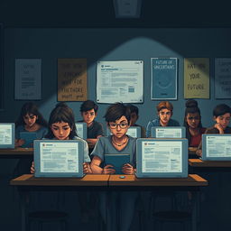 A visually striking digital illustration depicting a group of students sitting in a classroom with a dreary atmosphere