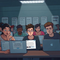 A visually striking digital illustration depicting a group of students sitting in a classroom with a dreary atmosphere