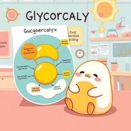 A charming and informative illustration featuring Gudetama, the lazy egg character, sitting next to a detailed graphical representation of the glycocalyx structure