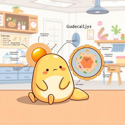 A charming and informative illustration featuring Gudetama, the lazy egg character, sitting next to a detailed graphical representation of the glycocalyx structure