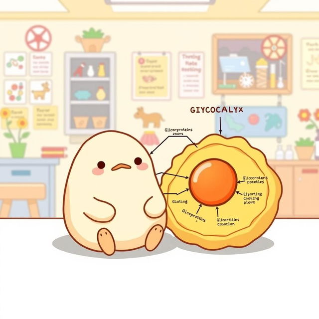 A charming and informative illustration featuring Gudetama, the lazy egg character, sitting next to a detailed graphical representation of the glycocalyx structure