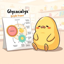 A charming and informative illustration featuring Gudetama, the lazy egg character, sitting next to a detailed graphical representation of the glycocalyx structure