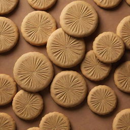 Render a Minasa cookie typical of the Philippines. It should be beautifully textured with a golden brown hue, and decorated with traditionally carved patterns. Highlight its scrumptious, crumbly texture