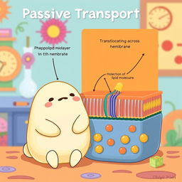 A charming illustration featuring Gudetama, the lazy egg character, sitting next to a detailed, text-free graphical representation of passive transport across a cell membrane