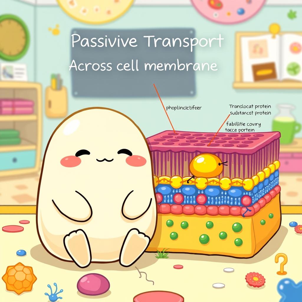 A charming illustration featuring Gudetama, the lazy egg character, sitting next to a detailed, text-free graphical representation of passive transport across a cell membrane