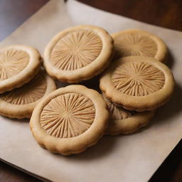 Render a Minasa cookie typical of the Philippines. It should be beautifully textured with a golden brown hue, and decorated with traditionally carved patterns. Highlight its scrumptious, crumbly texture