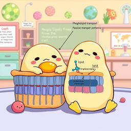 A charming illustration featuring Gudetama, the lazy egg character, sitting next to a detailed, text-free graphical representation of passive transport across a cell membrane